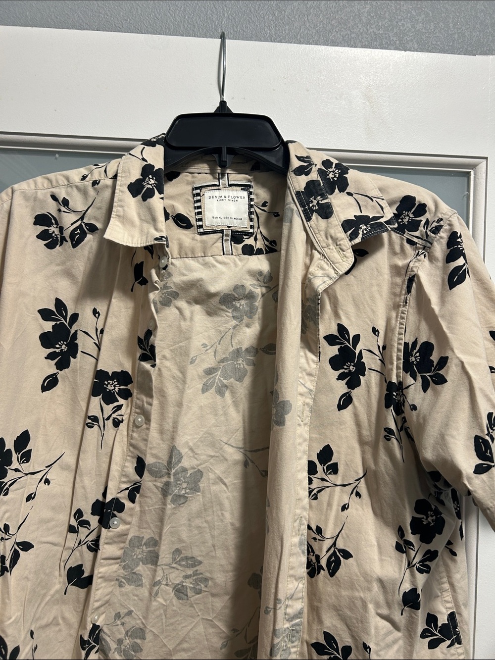 Denim & Flower Beige Button-Up Shirt with Black Floral Print